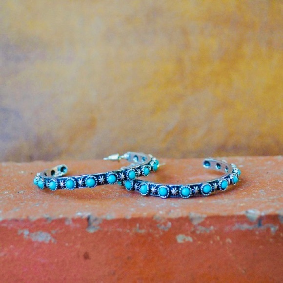 Antique Silver Turquoise Hoop Earrings - Picture 7 of 7